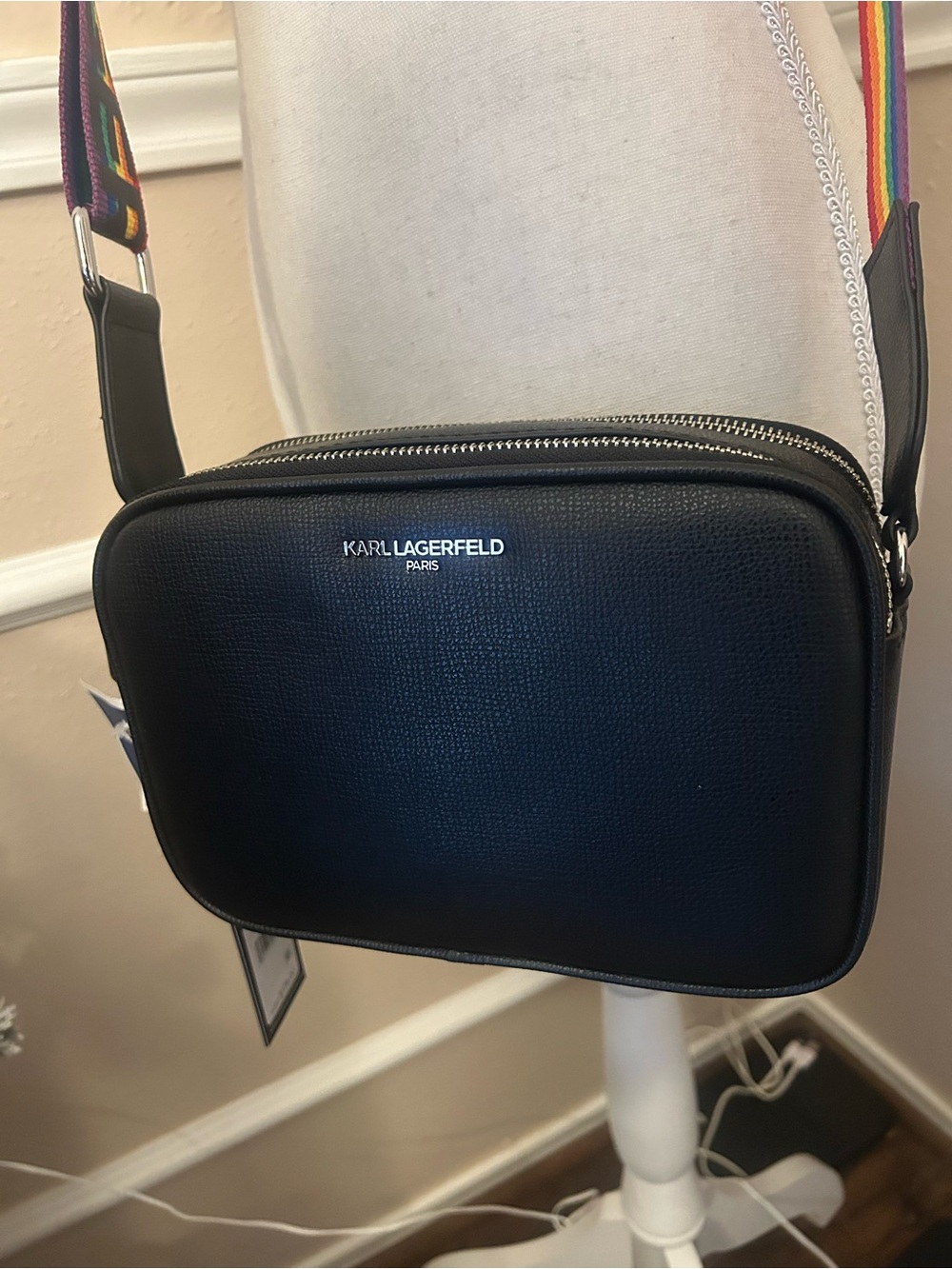 Karl Lagerfeld Black Pebbled Crossbody with Rainbow Webbing Strap